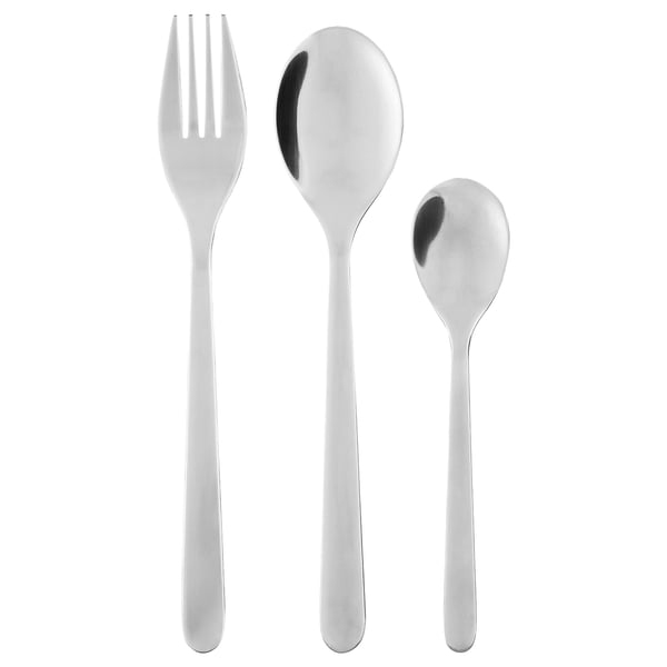 Three shiny silver utensils: fork, spoon, and teaspoon, neatly arranged. Modern and sleek design, made of stainless steel.