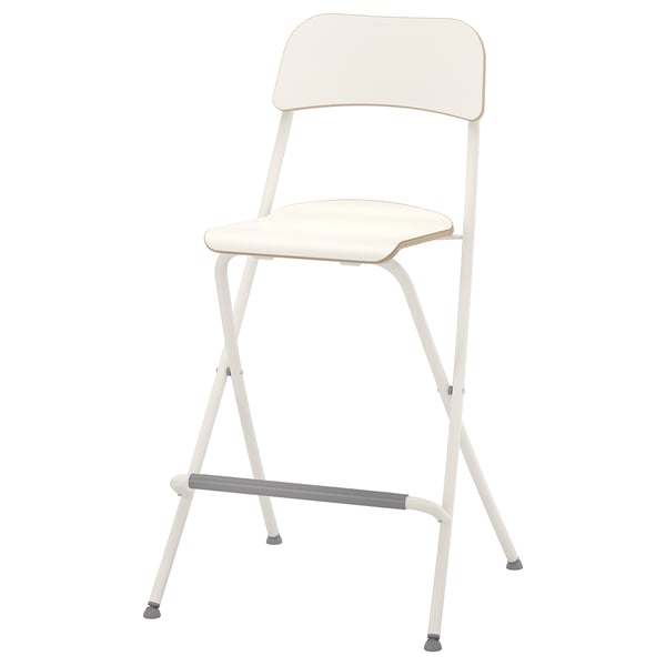 A white FRANKLIN bar stool with a backrest, made of high-pressure melamine laminate and metal, designed for comfort and stability.