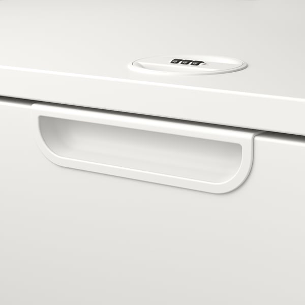 Close-up of modern, white GALANT office drawer with sleek, handle-less design and smooth close mechanism.