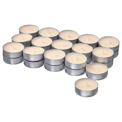 Set of 16 silver tea light candles in round metal holders.