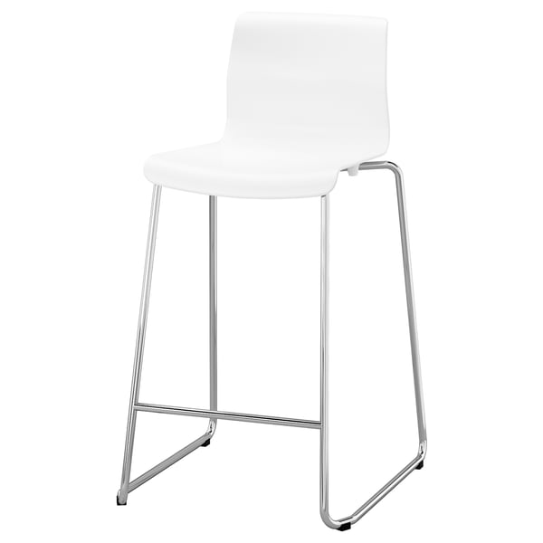 GLENN: white stool, chrome base, sleek design, modern look.