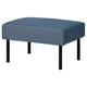 Blue fabric-covered footstool, four dark legs, square shape.