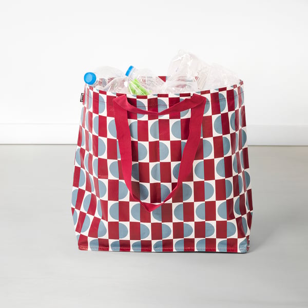 Red & blue patterned reusable tote, large, recycled polypropylene.