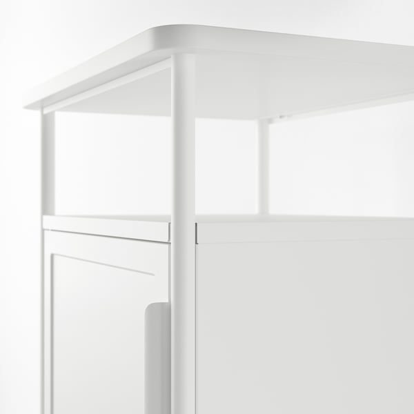 Modern white bedside table with open and closed storage. Clean, industrial design with metal accents.