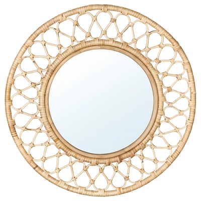 Circular GRINSBOL mirror, beige, woven rattan frame, natural texture, handcrafted design.