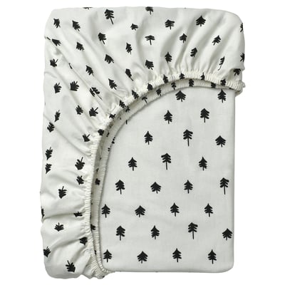 A white GRÖNFINK fitted sheet with black tree designs, made of cotton and viscose, featuring an elastic band for secure bedding.