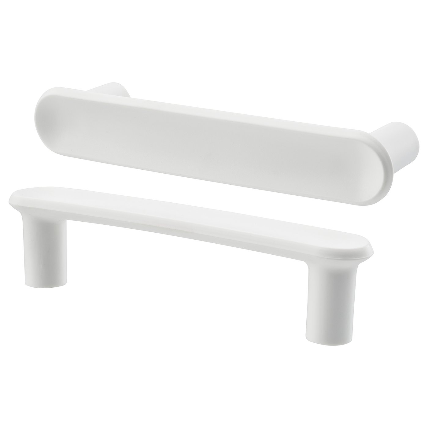 Two white plastic cabinet handles, one horizontal and one angled, minimalist design.
