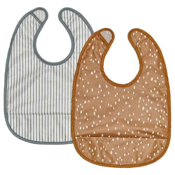 Two baby bibs, one striped, one dotted, with waterproof fronts and cotton backs, adjustable, and touch-fastening.