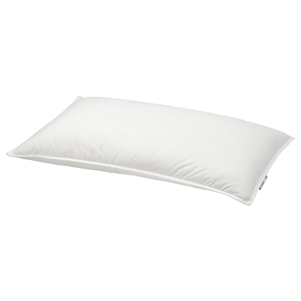 The GULKAVLE pillow is white, rectangular, soft, and filled with recycled feathers and down for comfort and support, ideal for stomach sleepers.