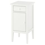 White gullberg bedside cabinet with drawer and door, four tapered legs, wooden knobs.
