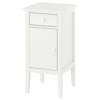 White gullberg bedside cabinet with drawer and door, four tapered legs, wooden knobs.