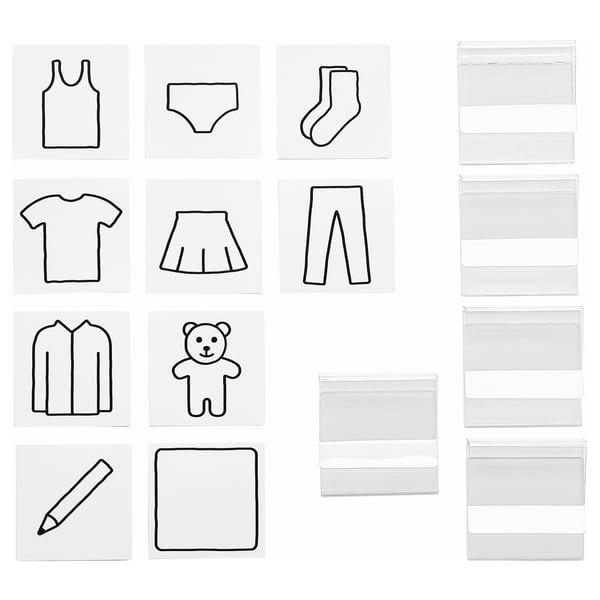 Black outline clothes drawn on white cards, organised in rows.