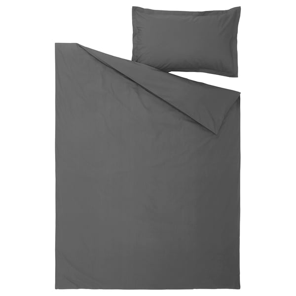 Grey bedding set, includes duvet cover and pillowcase, made of cotton.