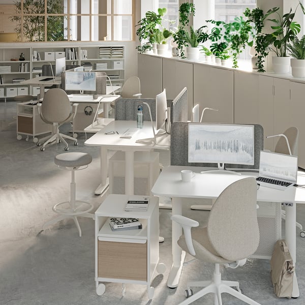 Modern office space with white ergonomic chairs, desks, and computers, accented by green plants and large windows.