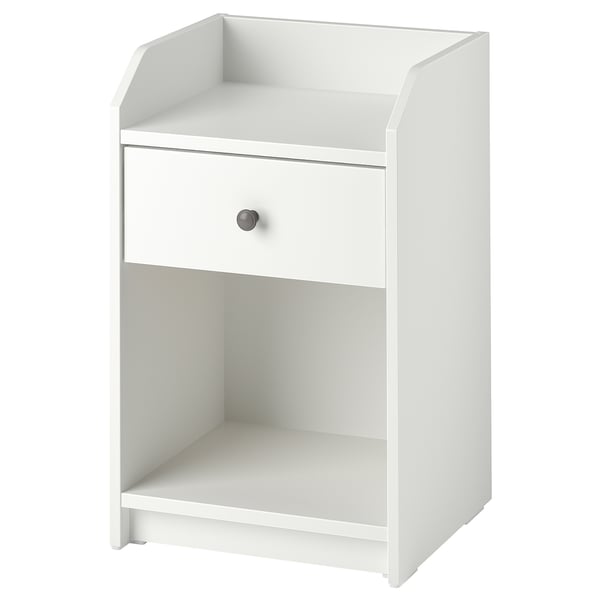 A white HAUGA bedside table with a single drawer and open shelves. The design is sleek and minimalist, perfect for bedroom use.