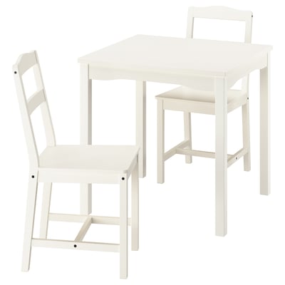 White HAUGA dining set with square table and two chairs.