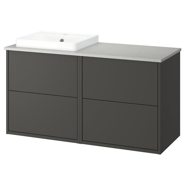 A modern grey HAVBÄCK bathroom vanity with a square ceramic sink. It two large drawers for storage and a sleek countertop.