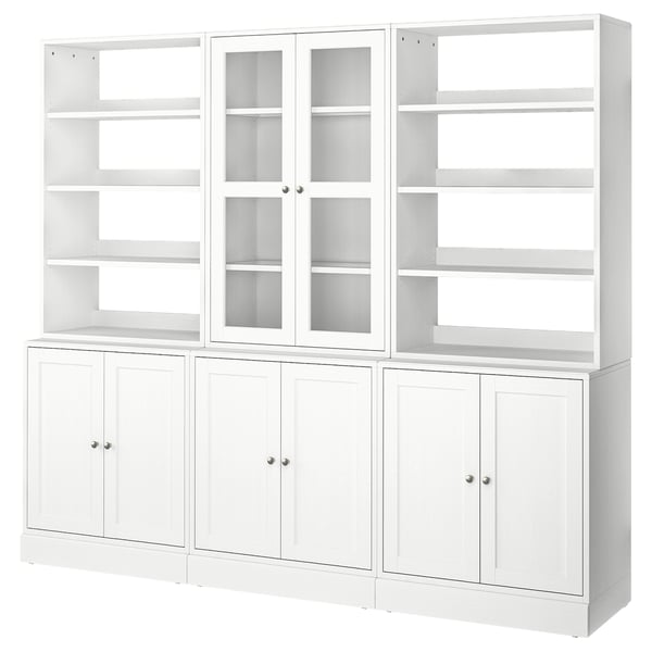 HAVSTA white wooden bookcase with glass doors and cabinets.