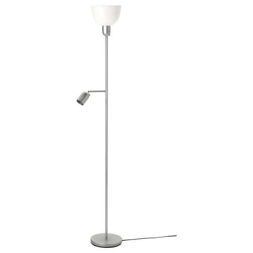 A silver HEKTOGRAM floor lamp with a white shade and a flexible reading light.