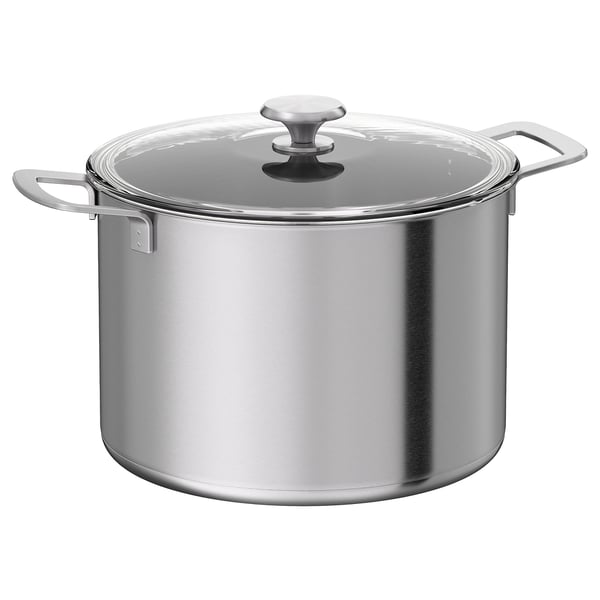 A HEMKOMST silver saucepan with a glass lid and stainless steel handles. Ideal for induction hobs.