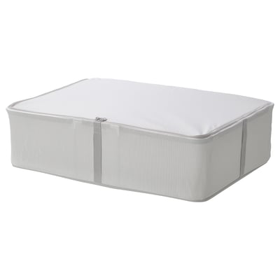 Rectangular, white storage box with sides, lid, and zip. Part of HEMMAFIXARE series.
