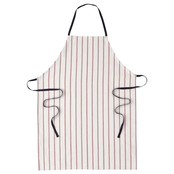 A HILDEGUN apron in white and pink stripes with black ties. Its made of 100% cotton, designed for cooking.