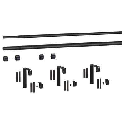 Black HUGAD & räcka curtain rod kit, includes 2 rods, 3 brackets, 3 holders, & 4 finials for double-layer setup.