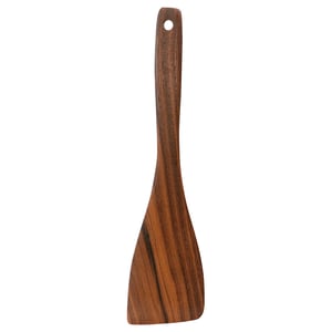 A wooden spatula named HULDHET. It is made of dark brown walnut wood. The handle is rectangular with a hole for hanging and the blade is angled.