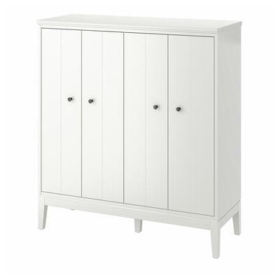 White IDANÄS cabinet with folding doors, timeless design, wall mountable safety fittings.
