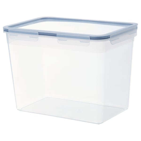 An IKEA 365+ clear, square plastic food container with lid.