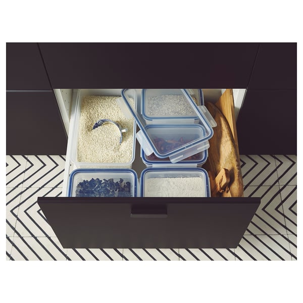 IKEA 365+ clear food containers, black drawer, organised storage.