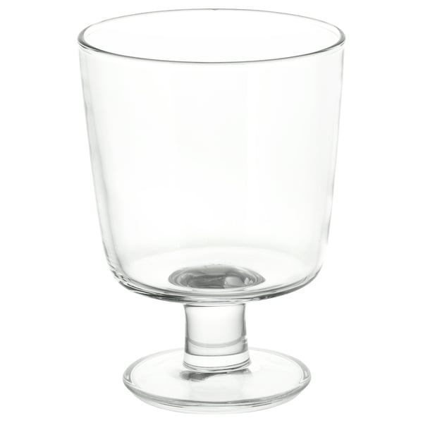 IKEA 365+ clear glass tumbler; wide shape, stemmed base; tempered glass.