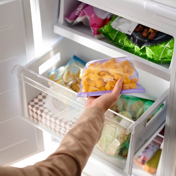 Person holding a reusable, resealable food bag from an open freezer. The bag is semi-transparent and contains frozen food.