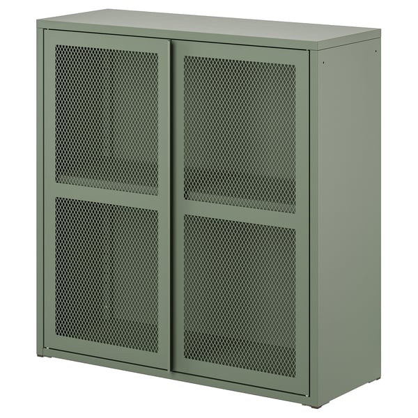 Green IVAR mesh cabinet, rectangular, powder-coated steel with sliding doors.