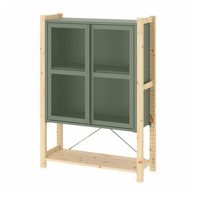 IVAR cabinet, green with wooden frame, four mesh doors, rectangular, sturdy design.