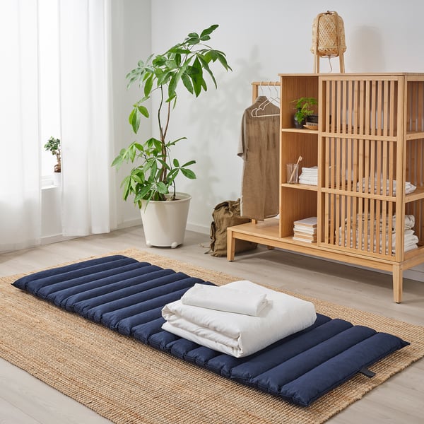 Dark blue JESSHEIM futon on rug, with storage and plant.