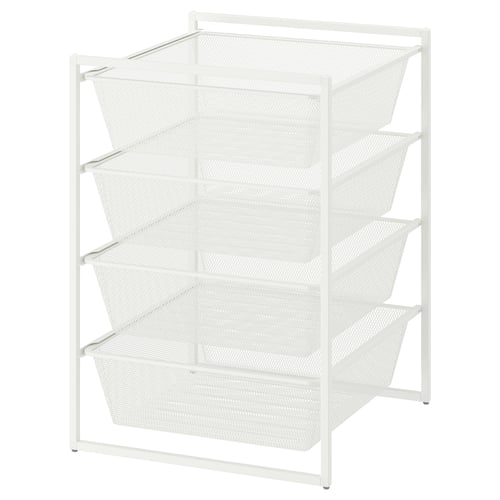 JONAXEL white 4-tier mesh storage rack, ideal for organising items in bathrooms or kitchens, made from durable steel with a powder-coated finish.