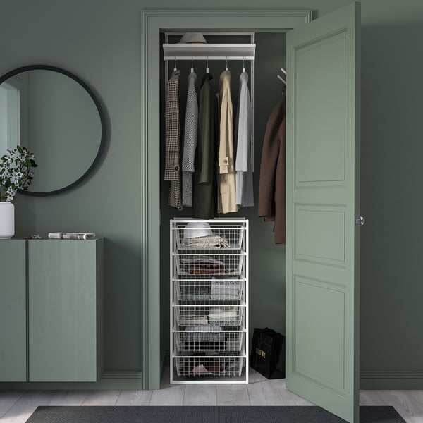 JONAXEL white storage with wire baskets, minimalist closet organiser.