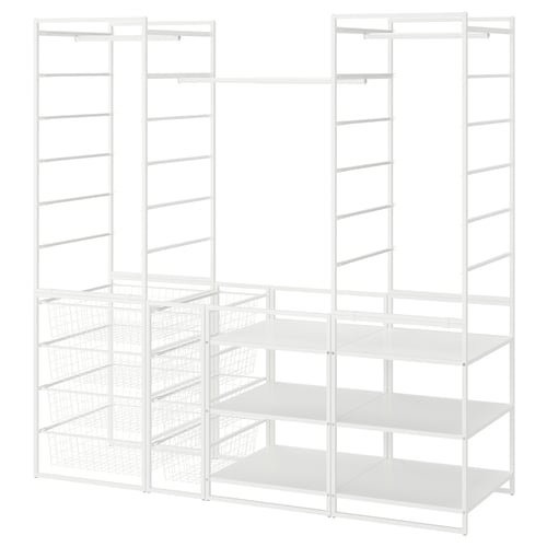 A white JONAXEL storage system with shelves and wire baskets, designed for organising clothes and accessories.