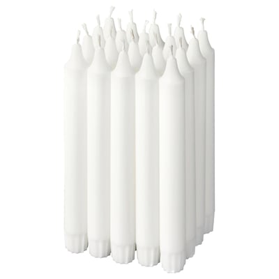 JUBLA white candles. Twelve tall, straight white stearin candles with cotton wicks.