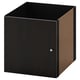 The KALLAX cube storage unit in black with a sleek, square shape and dark brown sides, made from particleboard and fiberboard.