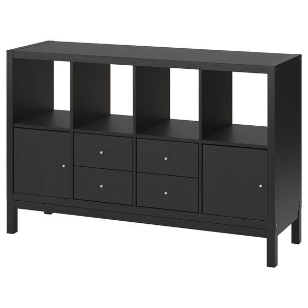 A KALLAX black storage unit with combinations of shelves, drawers, and doors. It has a sleek, rectangular design with an underframe for an airy look.