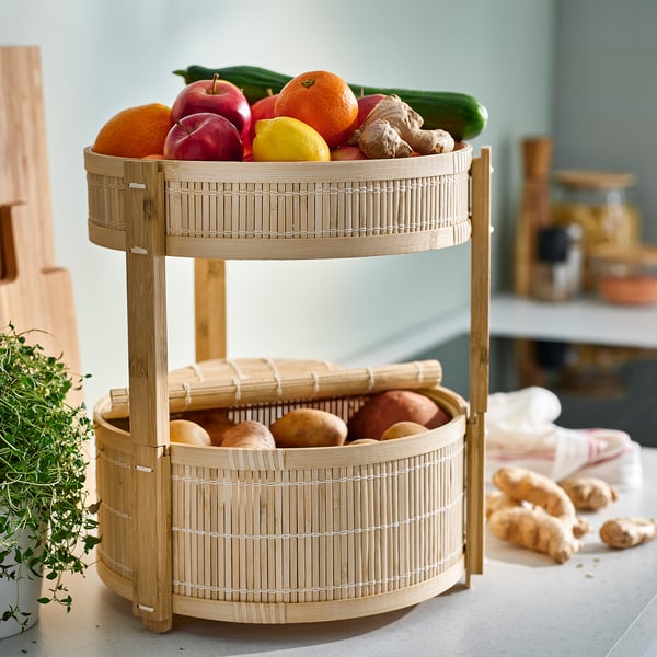 KANELMOTT tiered fruit basket: natural bamboo & rattan, circular design, holds fruits & veggies.