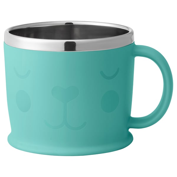 KANONKUL turquoise kids mug: wide base, stainless steel interior, silicone exterior with paw design.