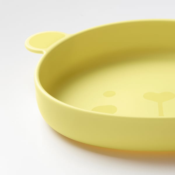 Bright yellow childs plate with bear ear handles, smooth edges, and bpa-free durable plastic.