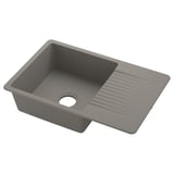 Grey, rectangular sink; single basin; smooth, quartz composite; modern design.