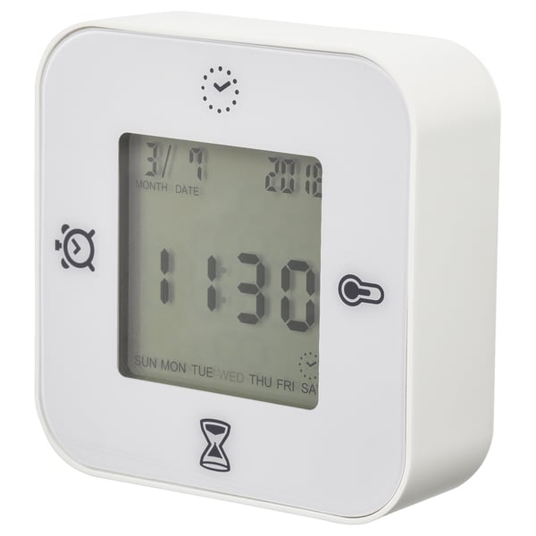 A white KLOCKIS multifunctional clock with square design and digital display for time, date, and other functions.