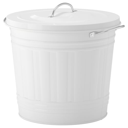Round white storage bin with lid, handles, and under-lid hook.