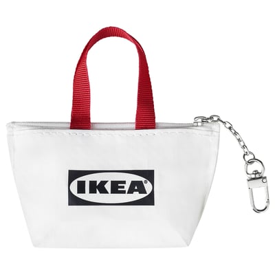 Ikea KNÖLIG white keychain bag with red handles, zip closure, and metal keychain loop.