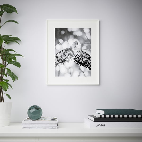 Framed black-and-white butterfly art hangs on a wall, surrounded by a shelf holding books, a vase with a plant, and a decorative sphere.